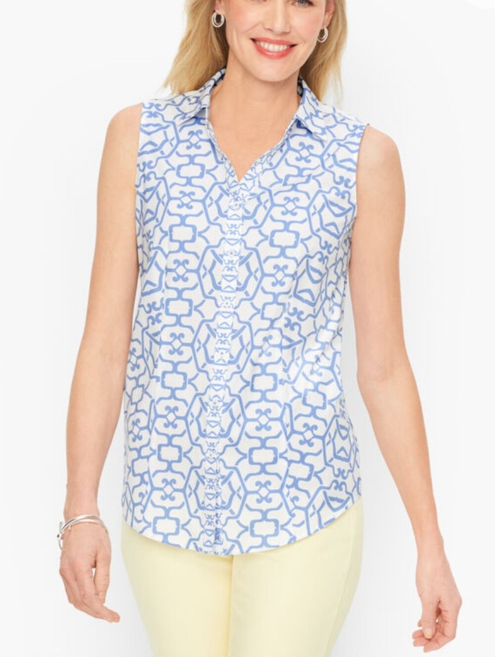 Talbots Perfect Sleeveless Shirt Blouse - Bicolor Print White Blue Size 8